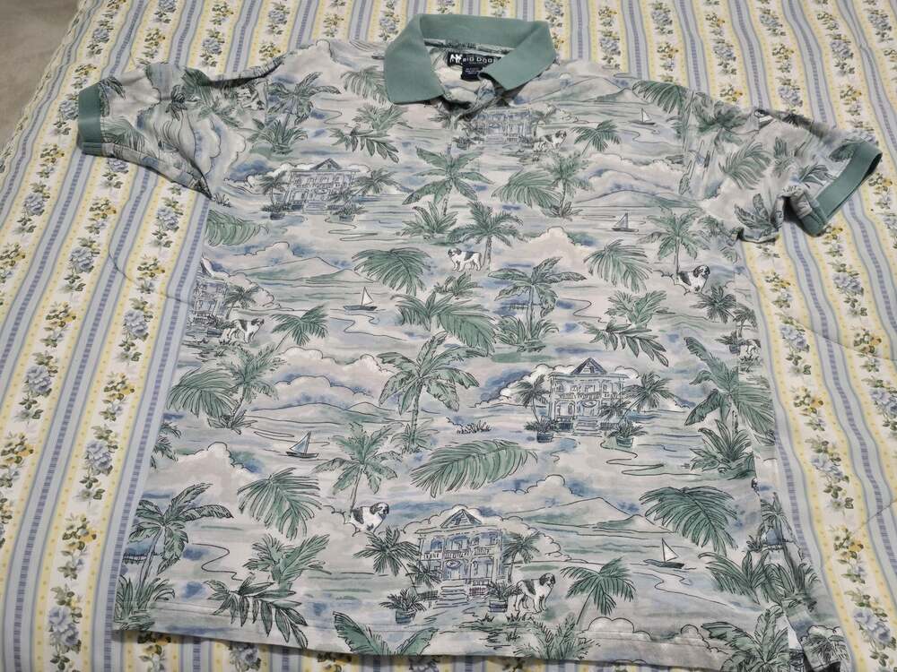 Big Dogs Mens L Green Blue Tropical Hawaiian Palm Print Short Sleeve Polo Shirt